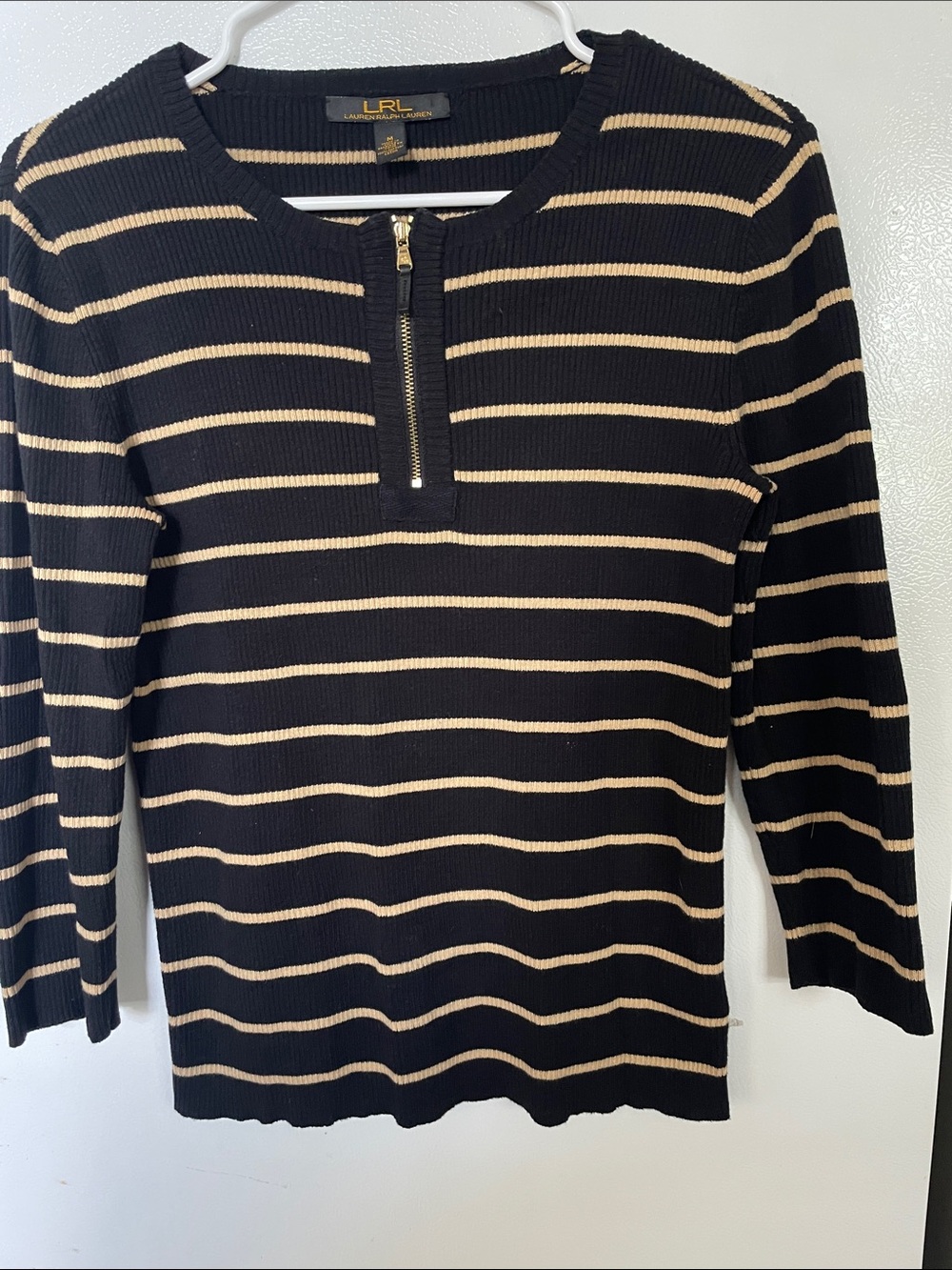 Lauren Ralph Lauren Medium 100% Cotton Black & Tan Striped Zip-Neck Sweater